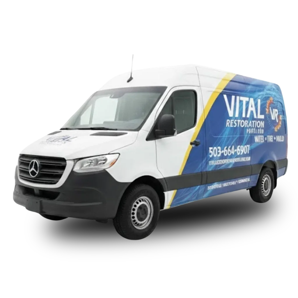 White Vital Restoration van with blue and yellow branding, Mercedes-Benz logo, and contact info on the side—representing a trusted disaster restoration franchise.